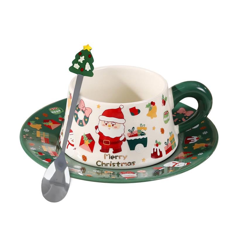 Чашка новогодняя Lesko Merry Christmass Санта-Клаус JJX005 с блюдцем и ложечкой в подарочной коробке Green (31457517)