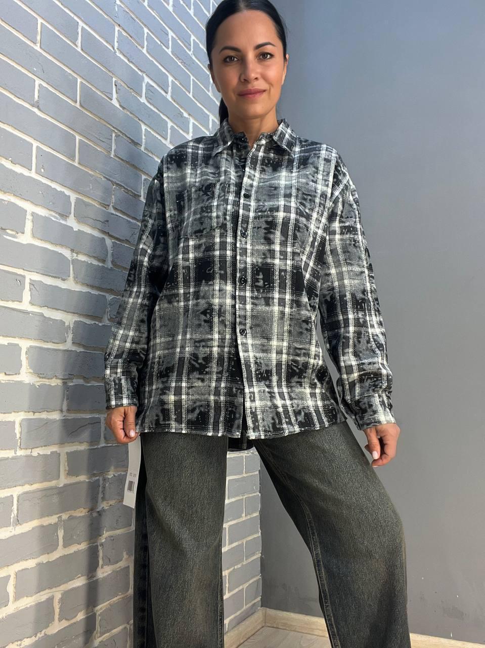 Рубашка женская A-N 2775 клетчатая вареная в клетку оверсайз коттон OS Черный (2905) - фото 6