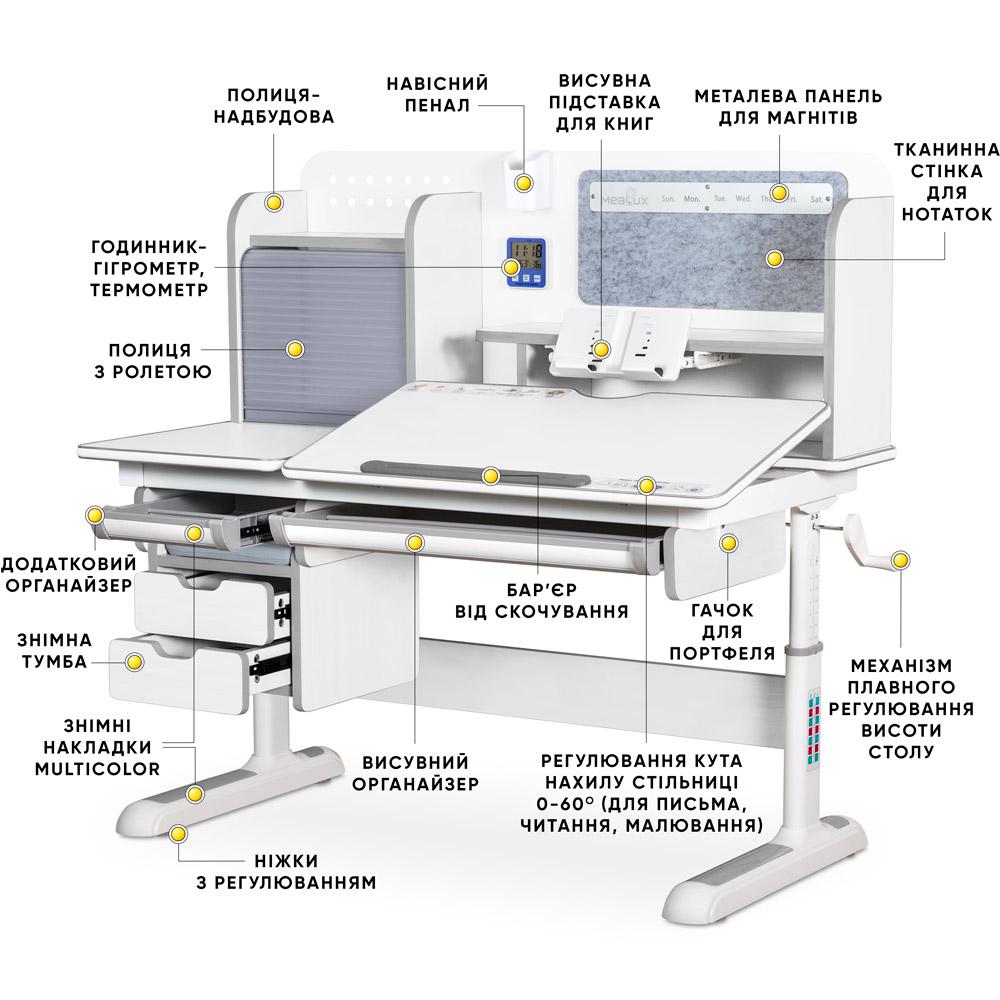 Парта трансформер шкільна ергономічна дитяча Mealux Winnipeg Multicolor Plus Білий/Сірий (BD-630 WG з тумбою) - фото 5 Парта трансформер шкільна ергономічна дитяча Mealux Winnipeg Multicolor Plus Білий/Сірий (BD-630 WG з тумбою) - фото 5