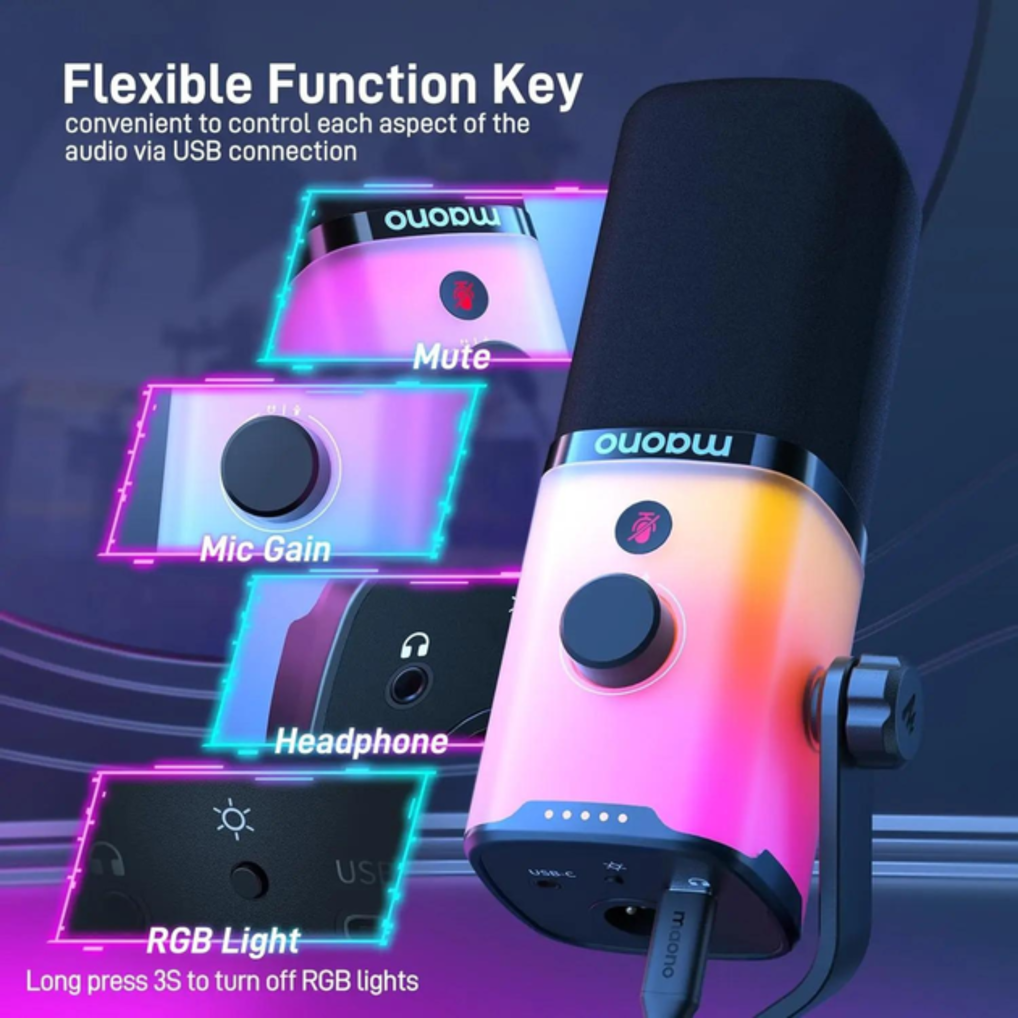 Микрофон динамический Maono PD100X RGB-подсветка Gaming USB/XLR Black (PD100X) - фото 5 Микрофон динамический Maono PD100X RGB-подсветка Gaming USB/XLR Black (PD100X) - фото 5