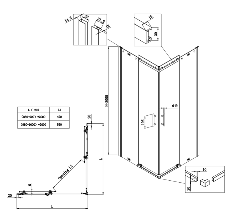 Душевая кабина без поддона KOER SR SC03-90x90x200-TR-12 прозрачное стекло Easy Clean 6мм, матовое золото (KR5358) - фото 7 Душевая кабина без поддона KOER SR SC03-90x90x200-TR-12 прозрачное стекло Easy Clean 6мм, матовое золото (KR5358) - фото 7