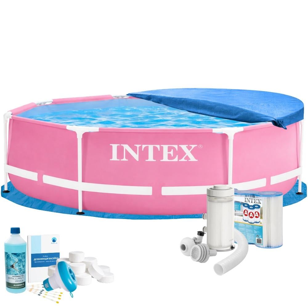Бассейн каркасный Intex Metal Frame 28290-7в1 Max 244х76 см полный комплект с насосом/тентом/химией Розовый (147-9-28290-7 Max)