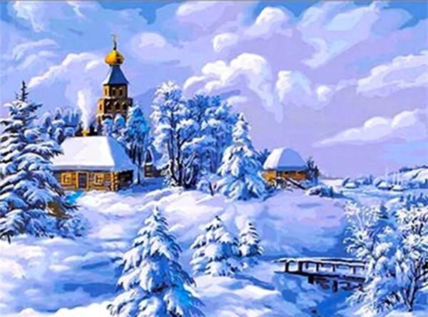 Алмазная мозаика Зимний пейзаж Гай церковь крест на подрамнике полная 30х40 см (2042825561)