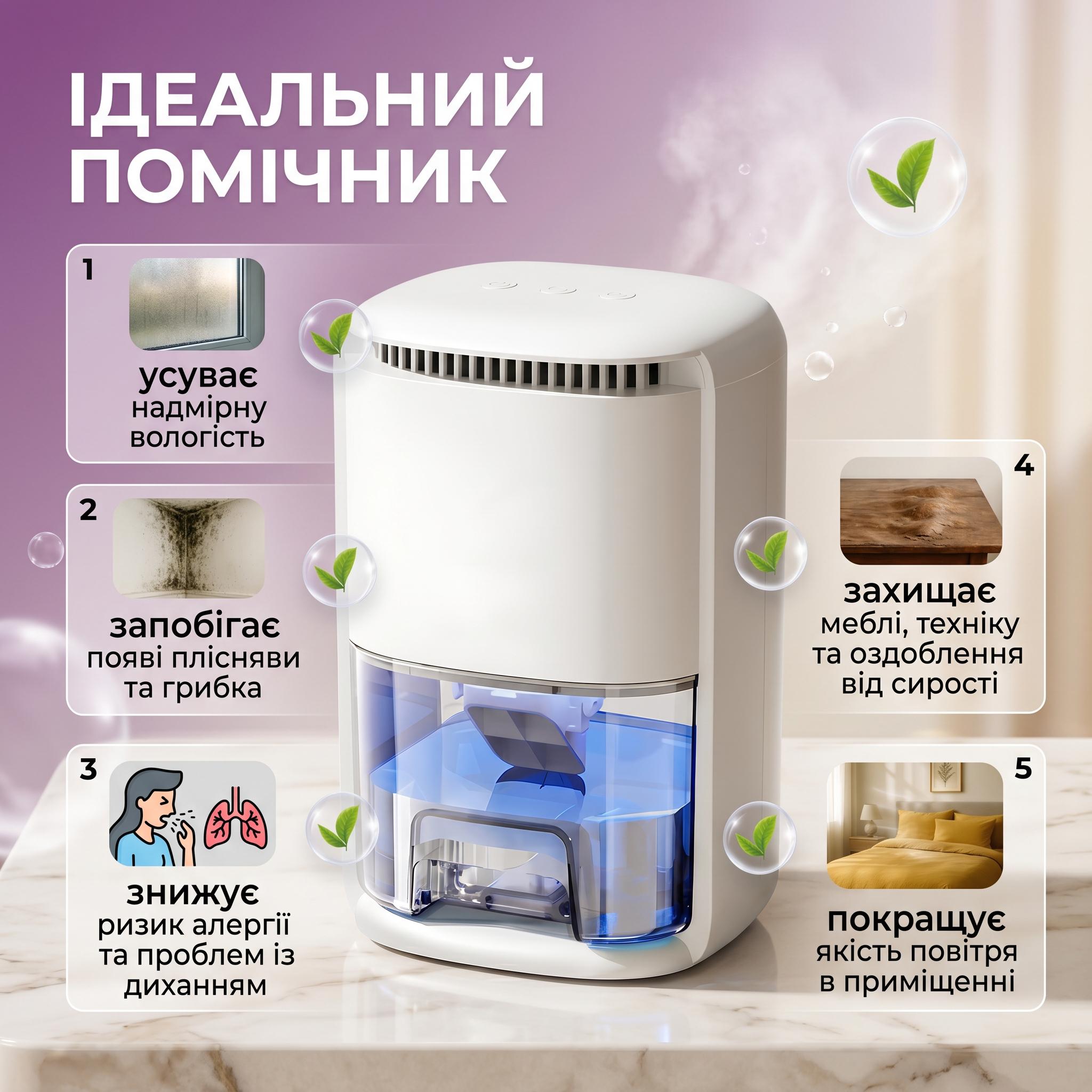 Осушувач та очищувач повітря 250 мл/добу 1000 мл 24 м2 Білий (0277-0001) - фото 4