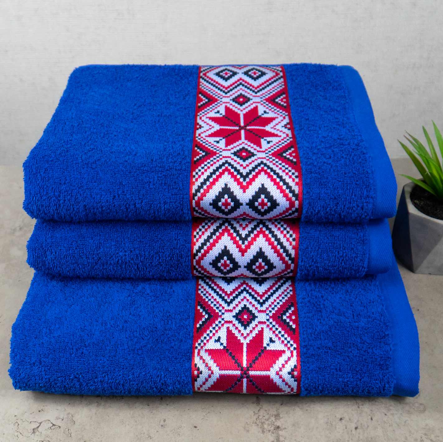 Комплект махровых полотенец GM Textile Ukrainian style с вышивкой 450 г/м2 3 шт. Синий (450-k-Ukr-blue)
