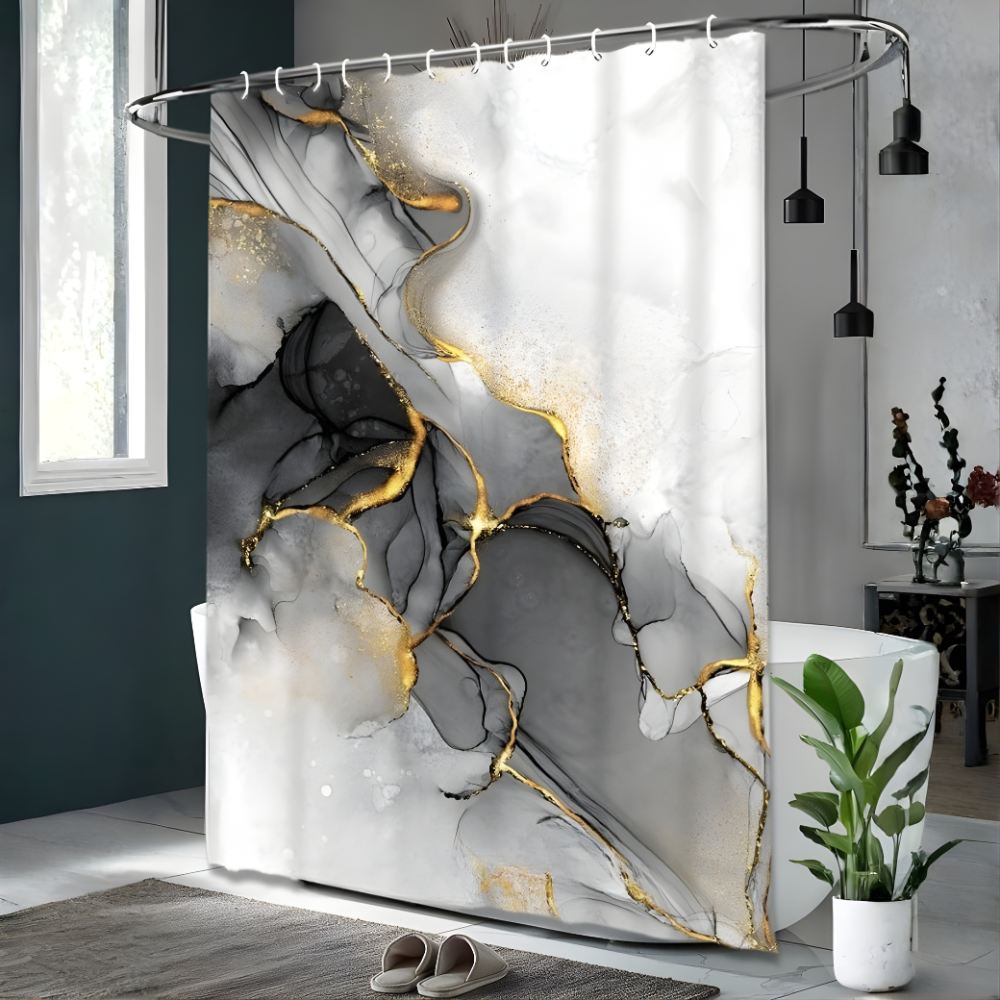 Шторка для ванної та душу з кільцями водовідштовхувальна з гачками принт мармурова 180x180 см Чорний