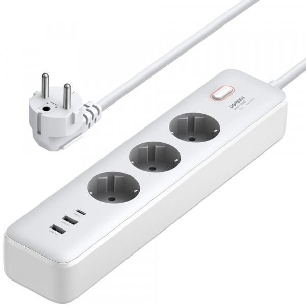 Сетевой фильтр UGREEN с шнуром 2 м на 3 розетки и 2 USB-A/Type-C White (25357)