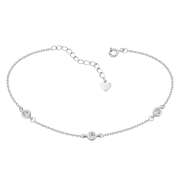 Браслет серебряный три камешка с белыми фианитами на тонкой цепочке