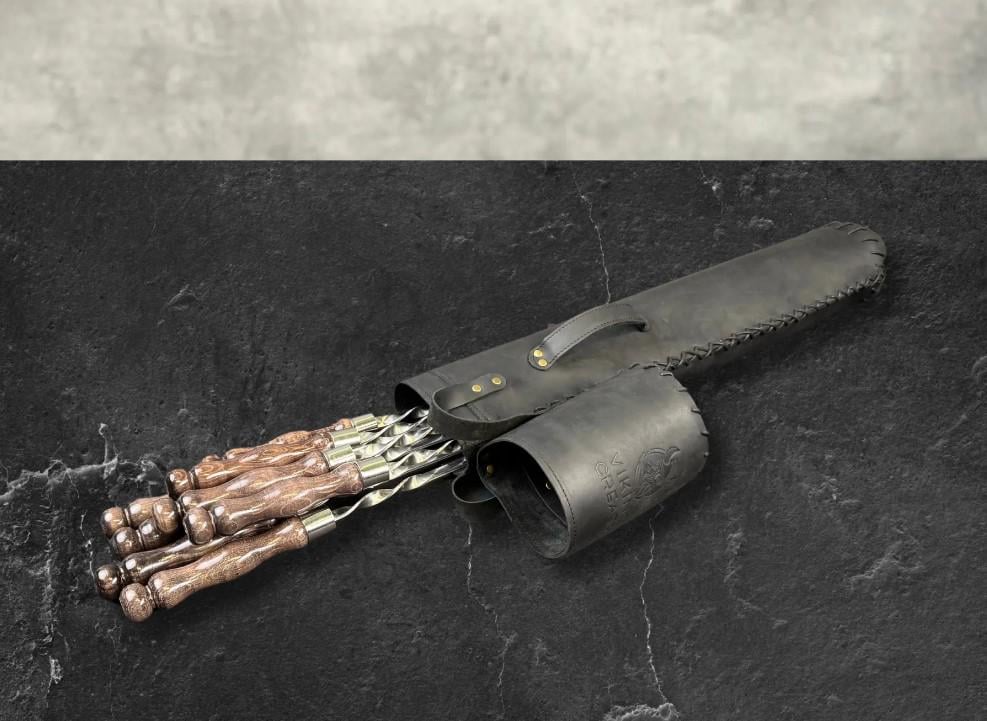 Подарочный набор шампуров в кожаном кейсе премиум-набор для шашлыка и барбекю Щит Тора 6 предметов