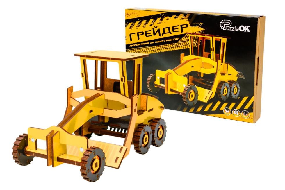Пазл-конструктор 3D из дерева механический PuzzleOK Грейдер 114 деталей