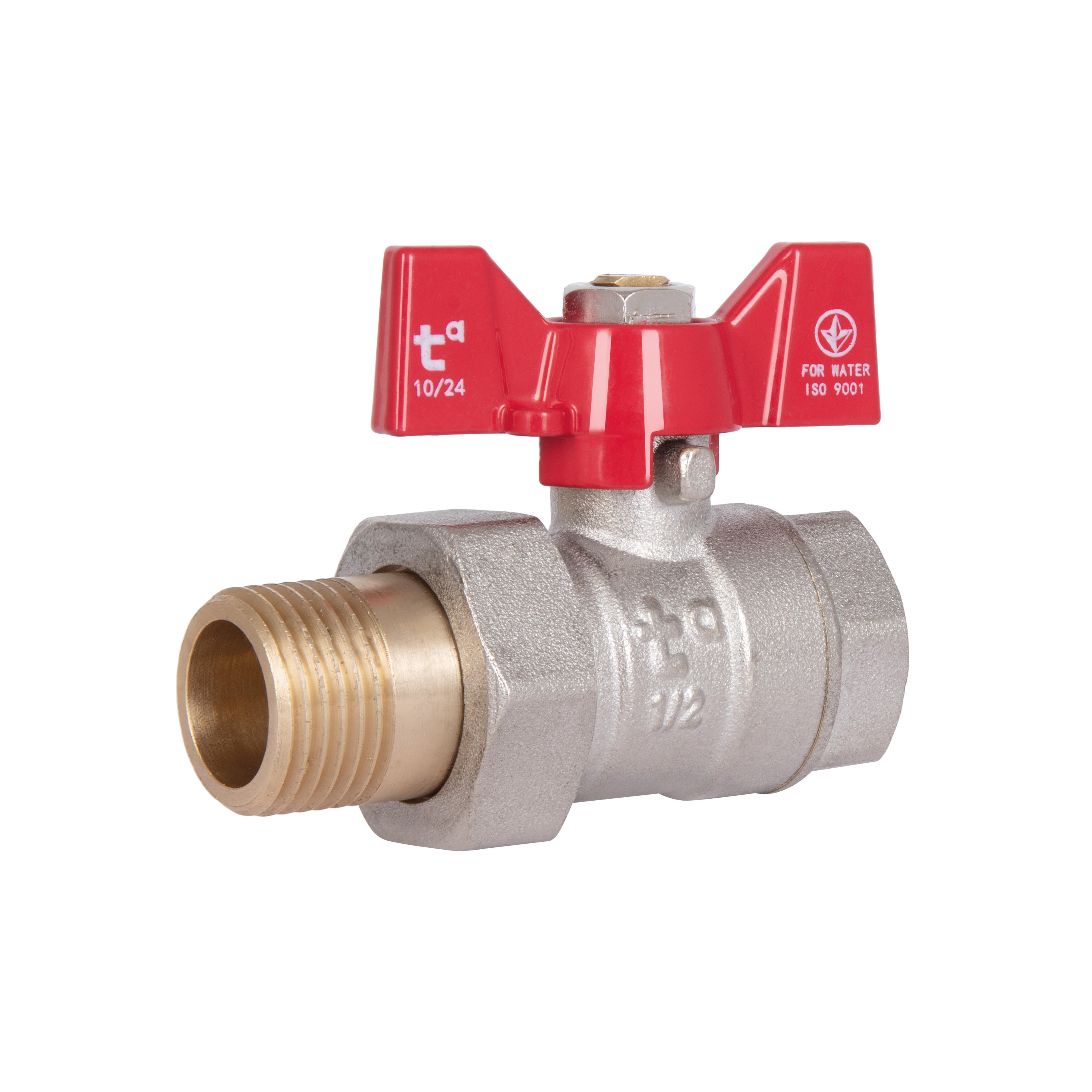 Кран шаровой Thermo Alliance Standart 1/2"ВЗ прямой с американкой латунный никелированный резин. PN40 бабочка (SD220W15)