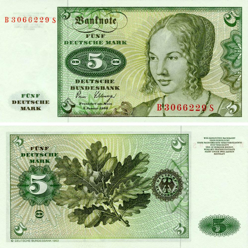 Коллекционная банкнота Германия 5 марок 1980 UNC ФРГ P30b (Б03464)
