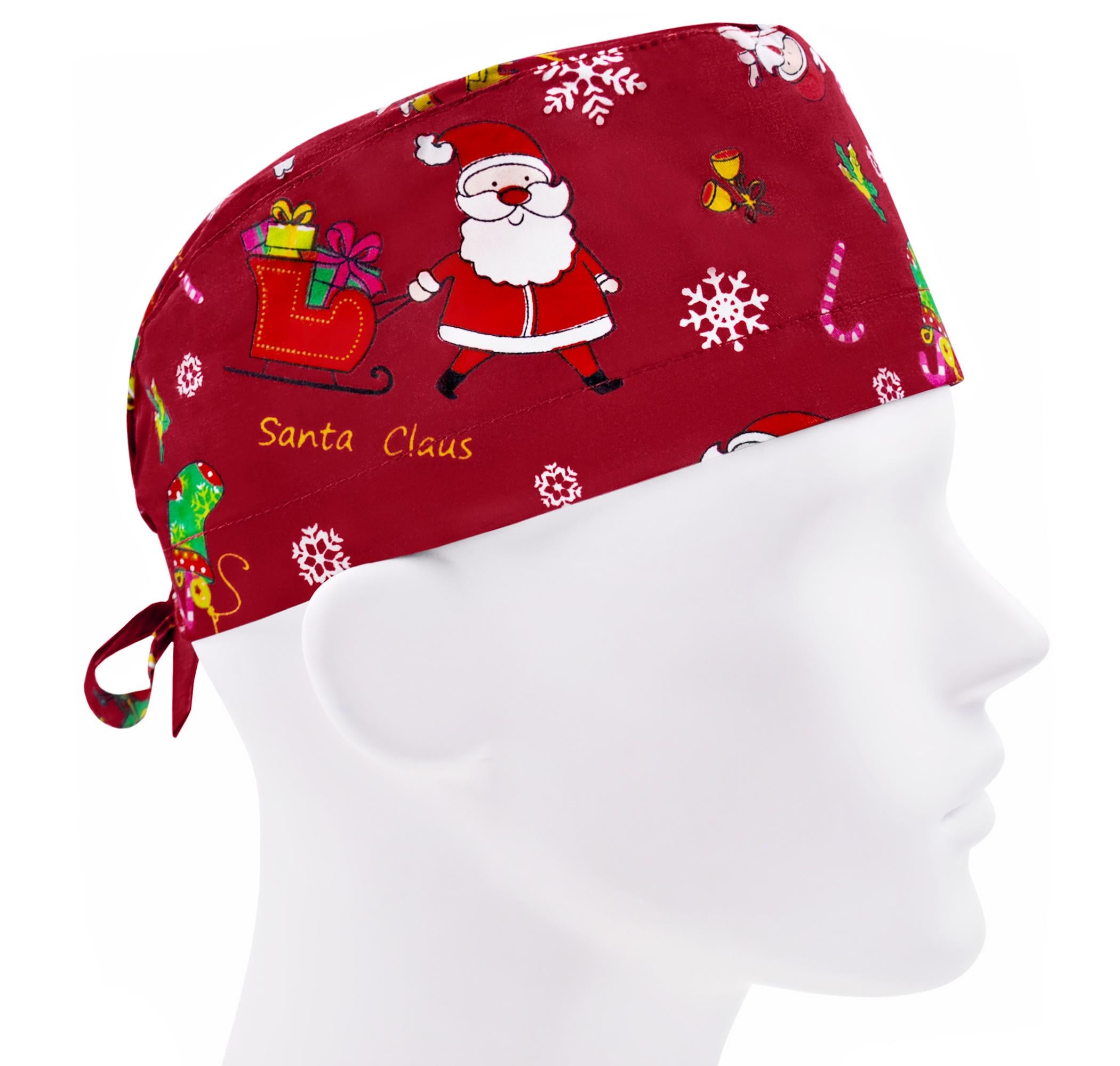 Шапочка медицинская мужская FloralScrubs Санта-Клаус на темно-красном универсальная (М082)