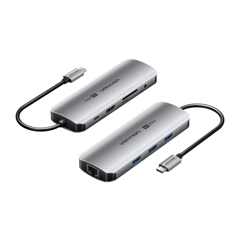 Док-станция USB-C Vention 0,15 м 9в1 HDMI/3 USB 3.0/RJ45 SD/TF 1-LUN 3,5 мм TRRS Серый (TQLHB)