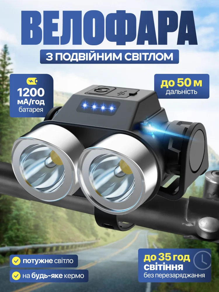 Велофара с двойным светом 8x6,2x4,3 см (G00334) - фото 2 Велофара с двойным светом 8x6,2x4,3 см (G00334) - фото 2