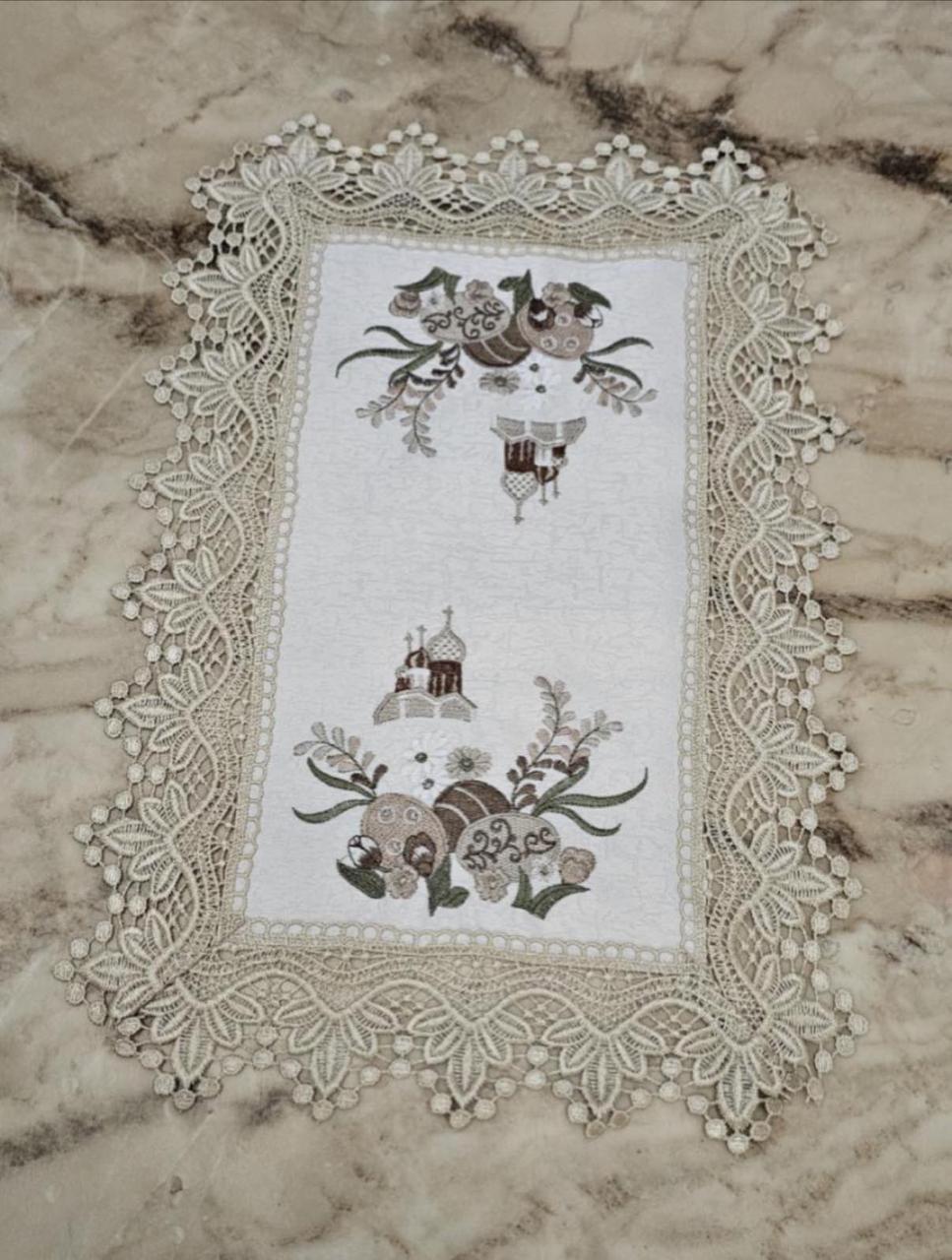 Салфетка пасхальная с вышивкой и кружевом праздничный декор стола