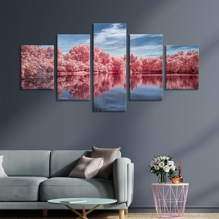 Модульная картина из 5 частей на холсте интерьерная картина Сакуры на берегу чистого озера 187x94 см (608-52)