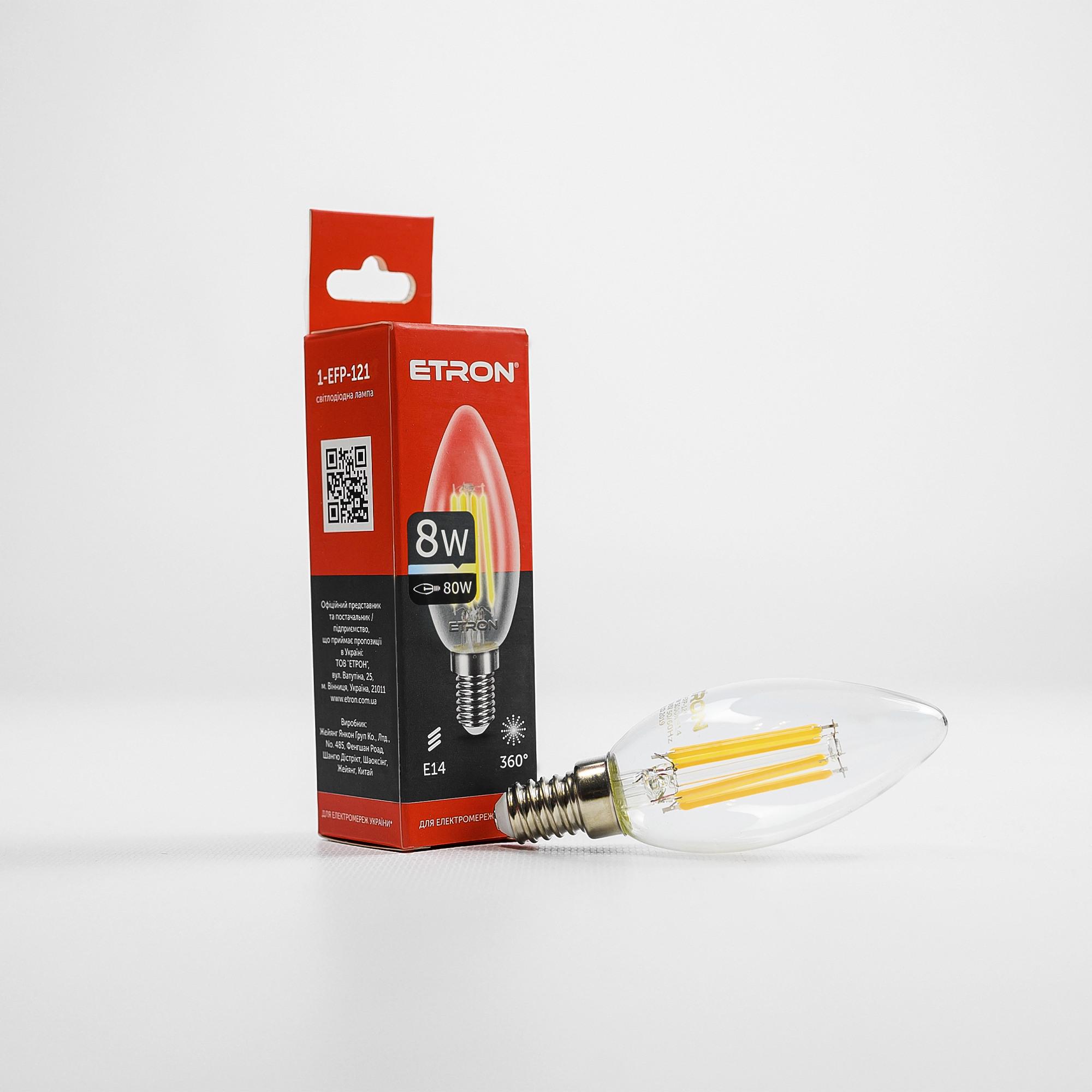 Лампа LED ETRON Filament С37 E14 8W 3000K прозрачное стекло (1-EFP-121)