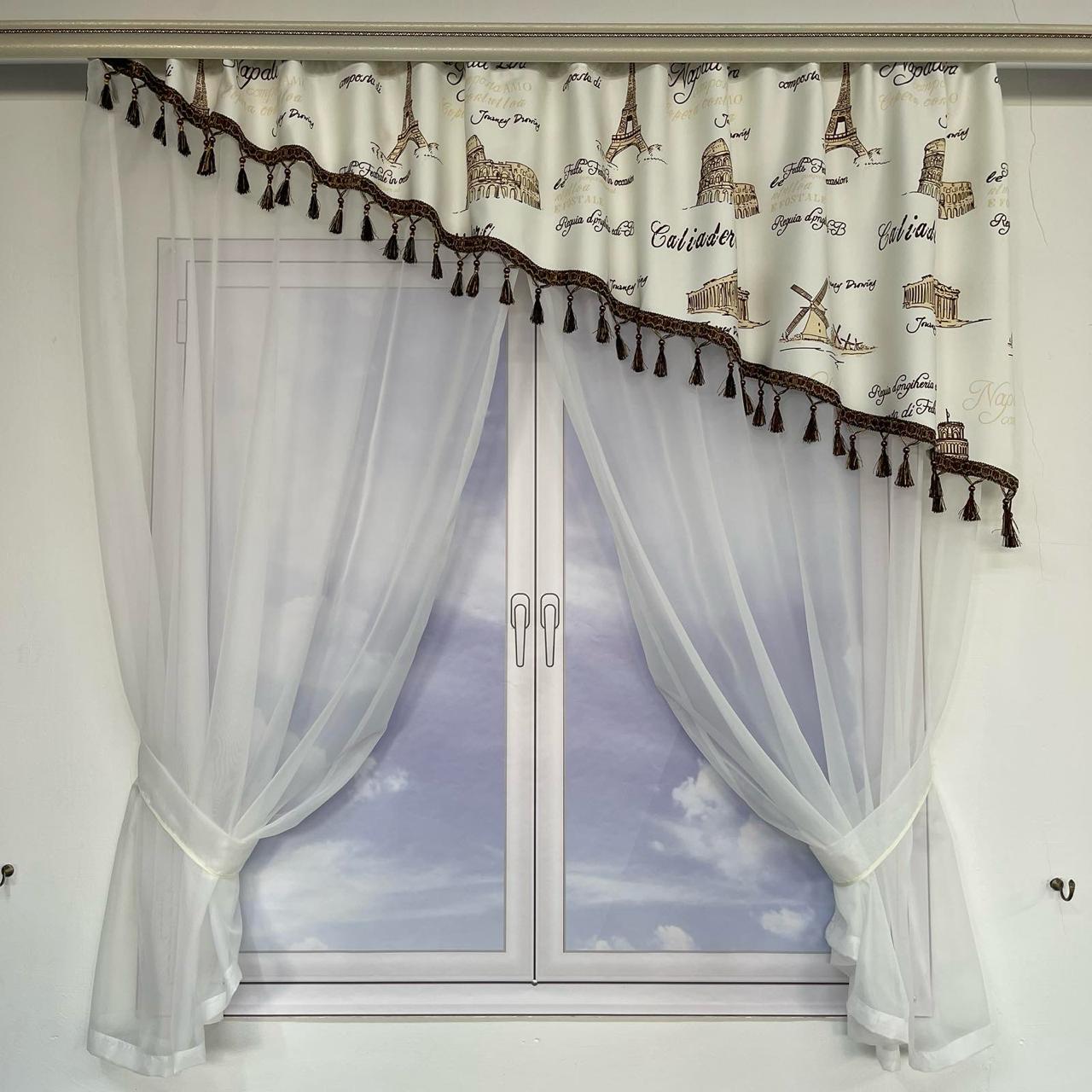 Занавеска с ламбрекеном Coffee Time шифон/атлас с бахромой на тесьме с коричневым рисунком 3x1,8 м Белый (KU-620-5)