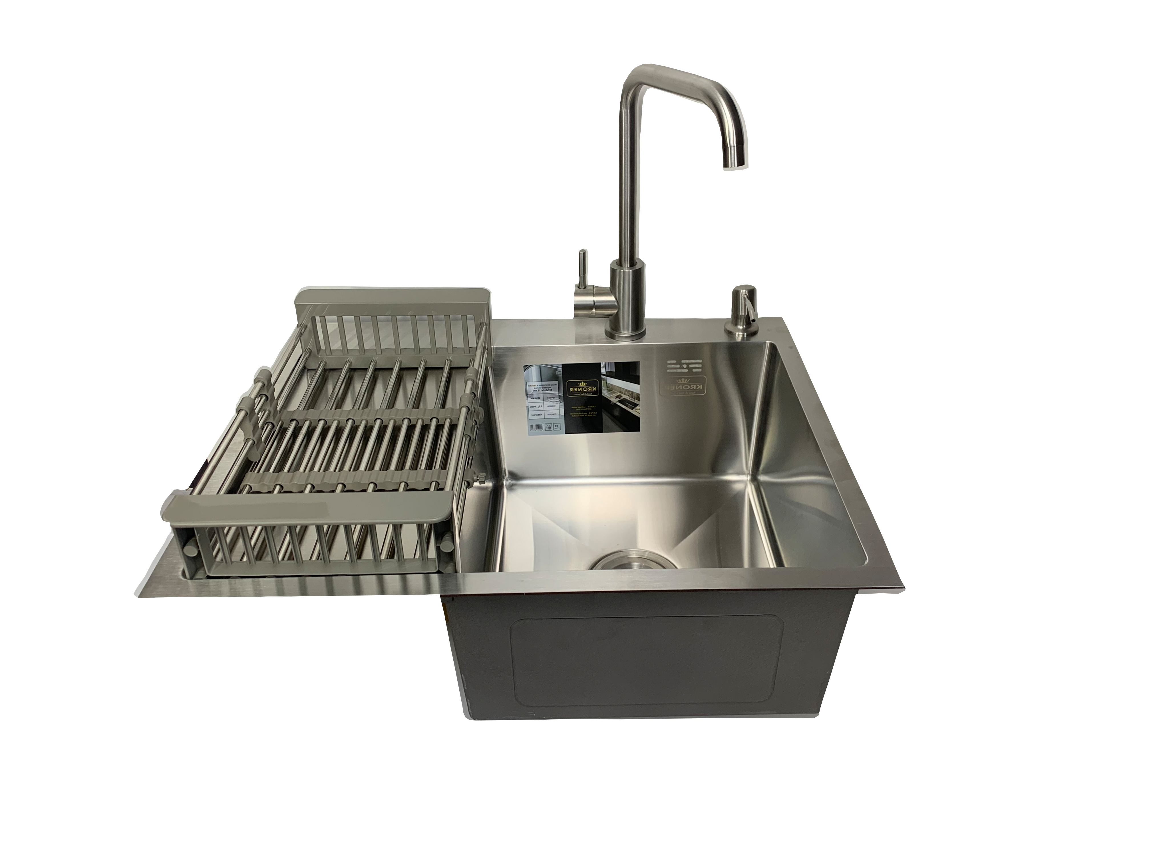 Мойка кухонная Kroner 63x50 см чаша справа + смеситель/корзина/дозатор