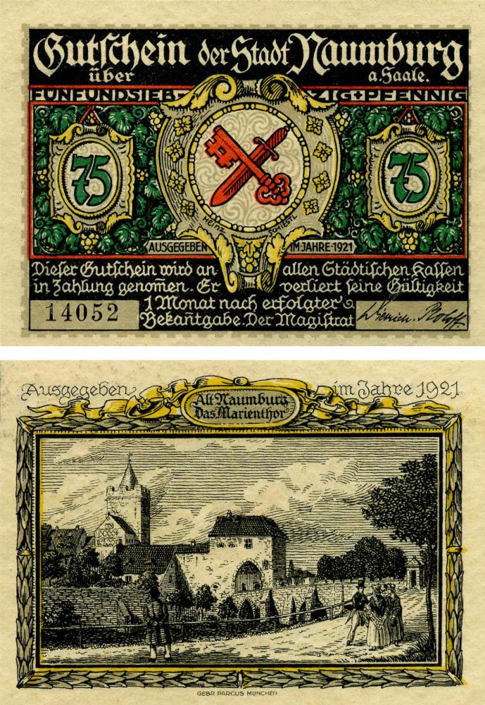 Коллекционная банкнота Германия Нотгельд 75 пфеннигов 1921 F-VF Наумбург Разновидность 1 (Б18622)