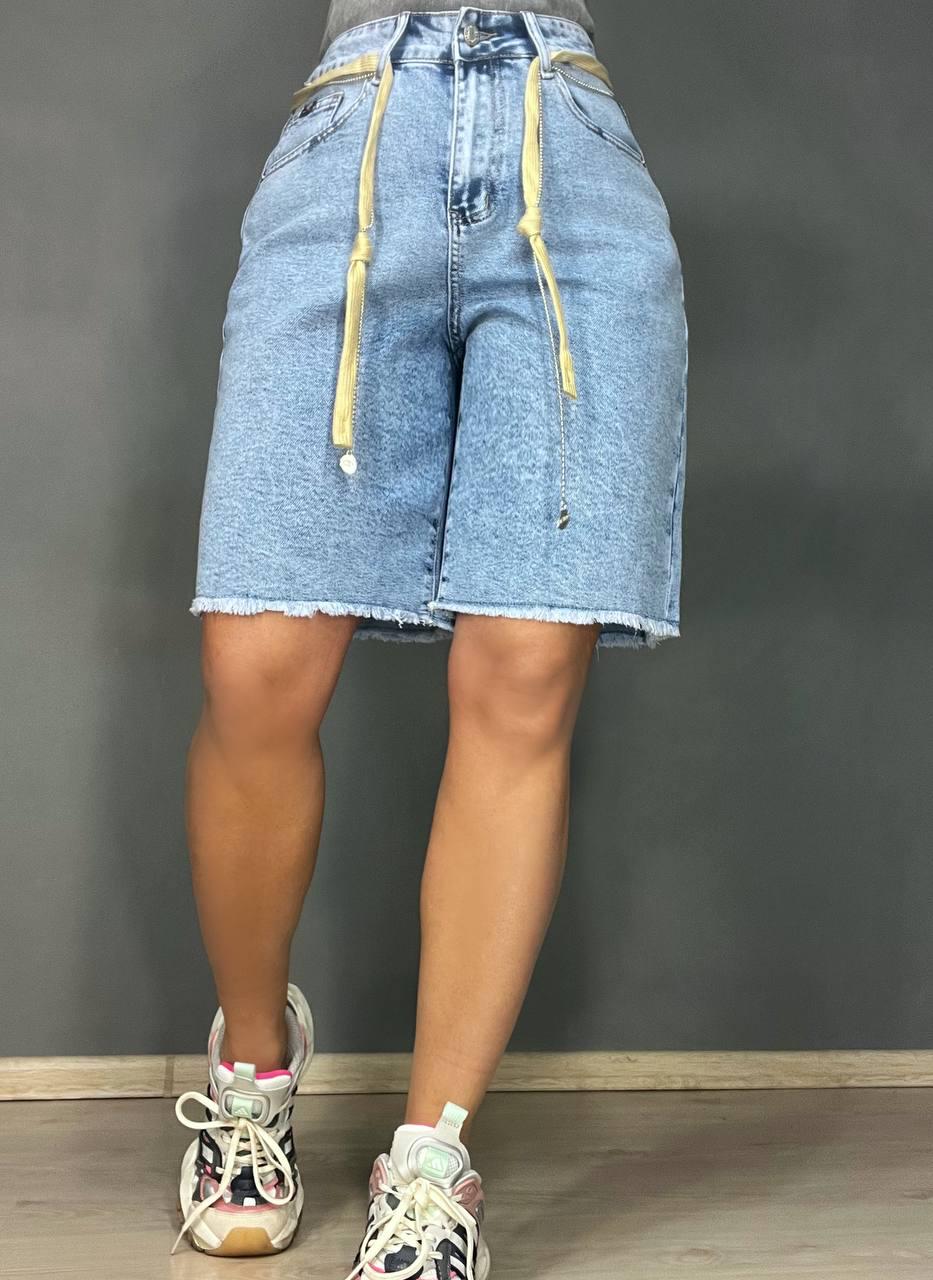 Шорты женские джинсовые Dicesil 6008 бермуды бахрома пояс цепь средняя длина до колен стрейч р. 36 Голубой (3948)