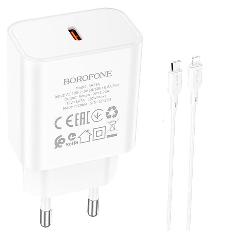 Зарядний пристрій Borofone Type-C to Lightning Cable Power single port charger set BA71A 1Type-C 20 W 3 A PD/QC White (568668) - фото 3