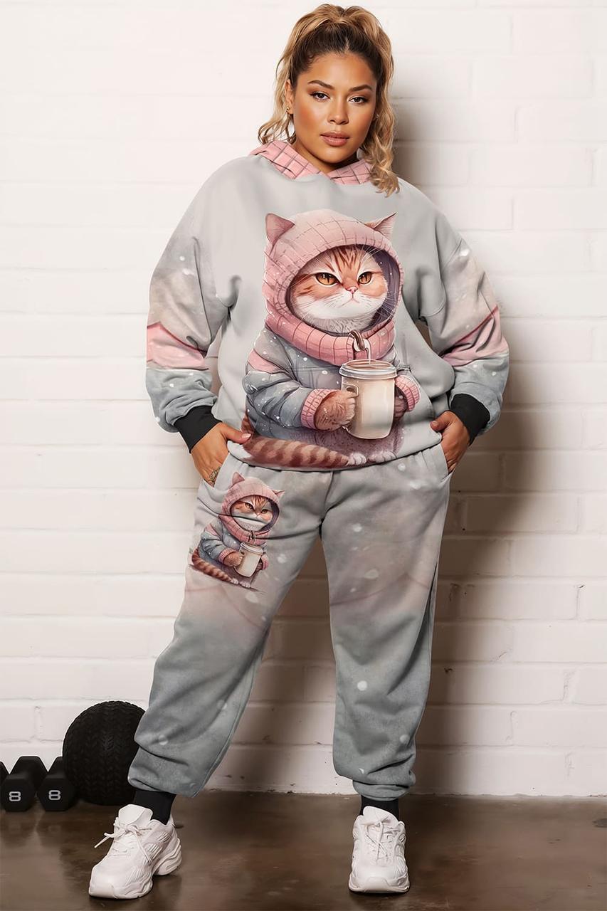 Спортивний костюм жіночий Кіт з чашкою батал 4XL Сірий (200058)