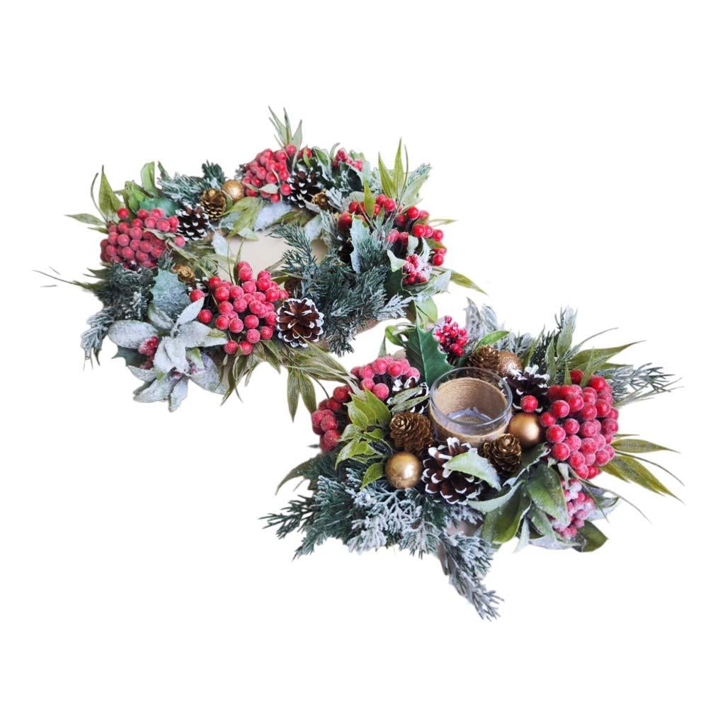 Набор рождественского декора венок и подсвечник из натуральных шишек и рябины (NY004)