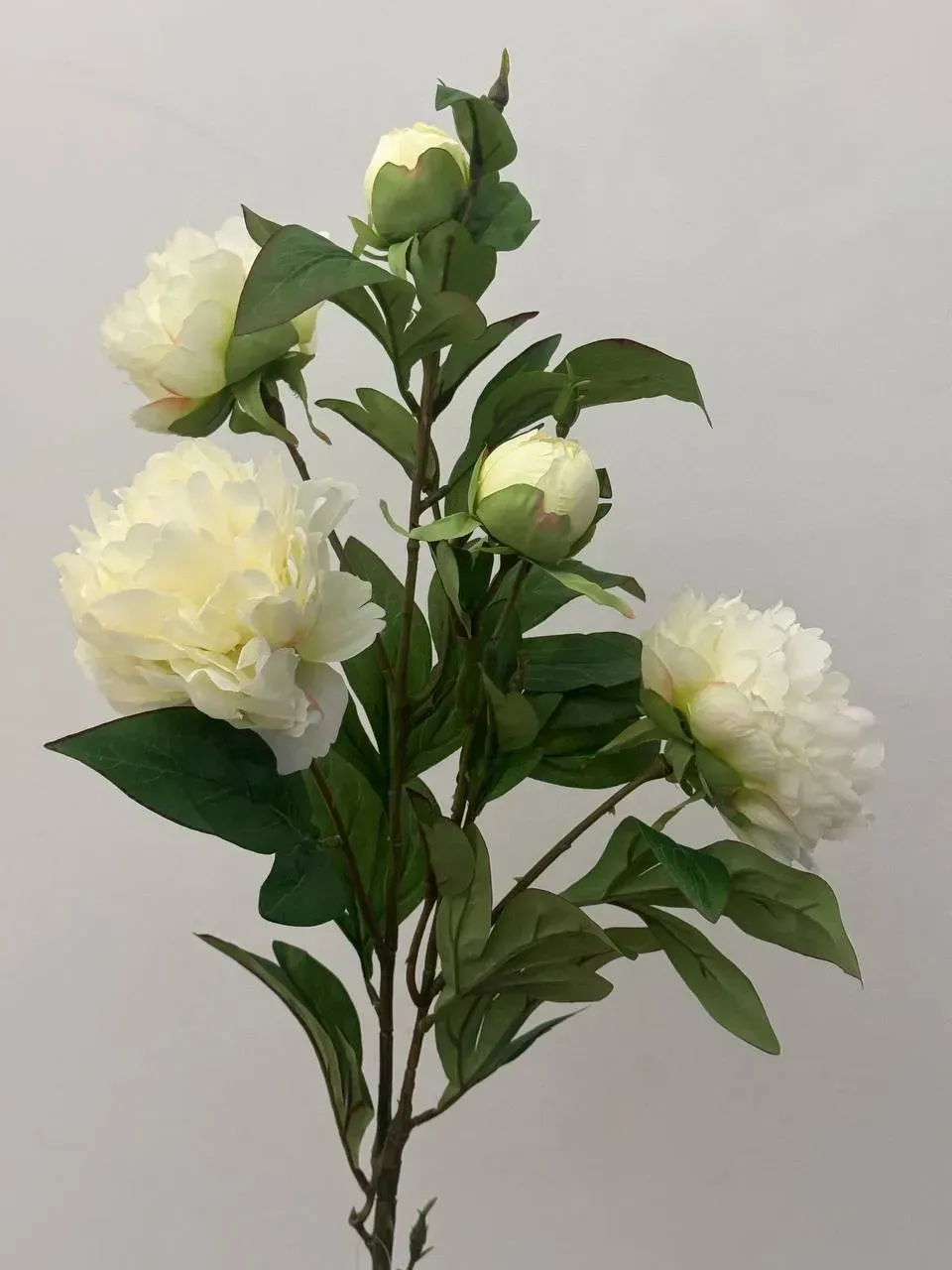 Искусственный текстильный пион 3 цветка 2 бутона на ветке 90 см Белый (P0024)