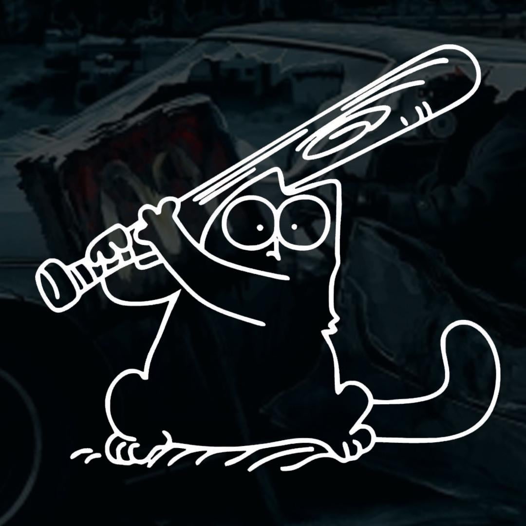 Наклейка автомобильная с рисунком Кот Саймон с битой и монтажная пленка 18х17 см (2098363192)