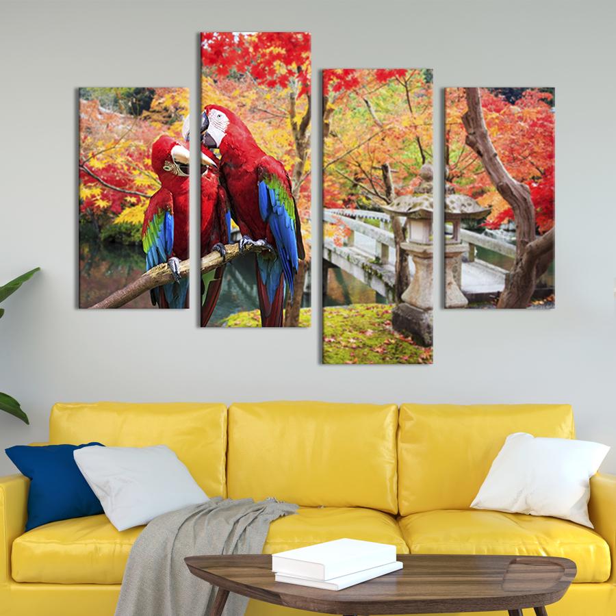 Модульная картина из четырех частей на холсте интерьерная картина Красные попугаи ара 129x90 см (146-42)
