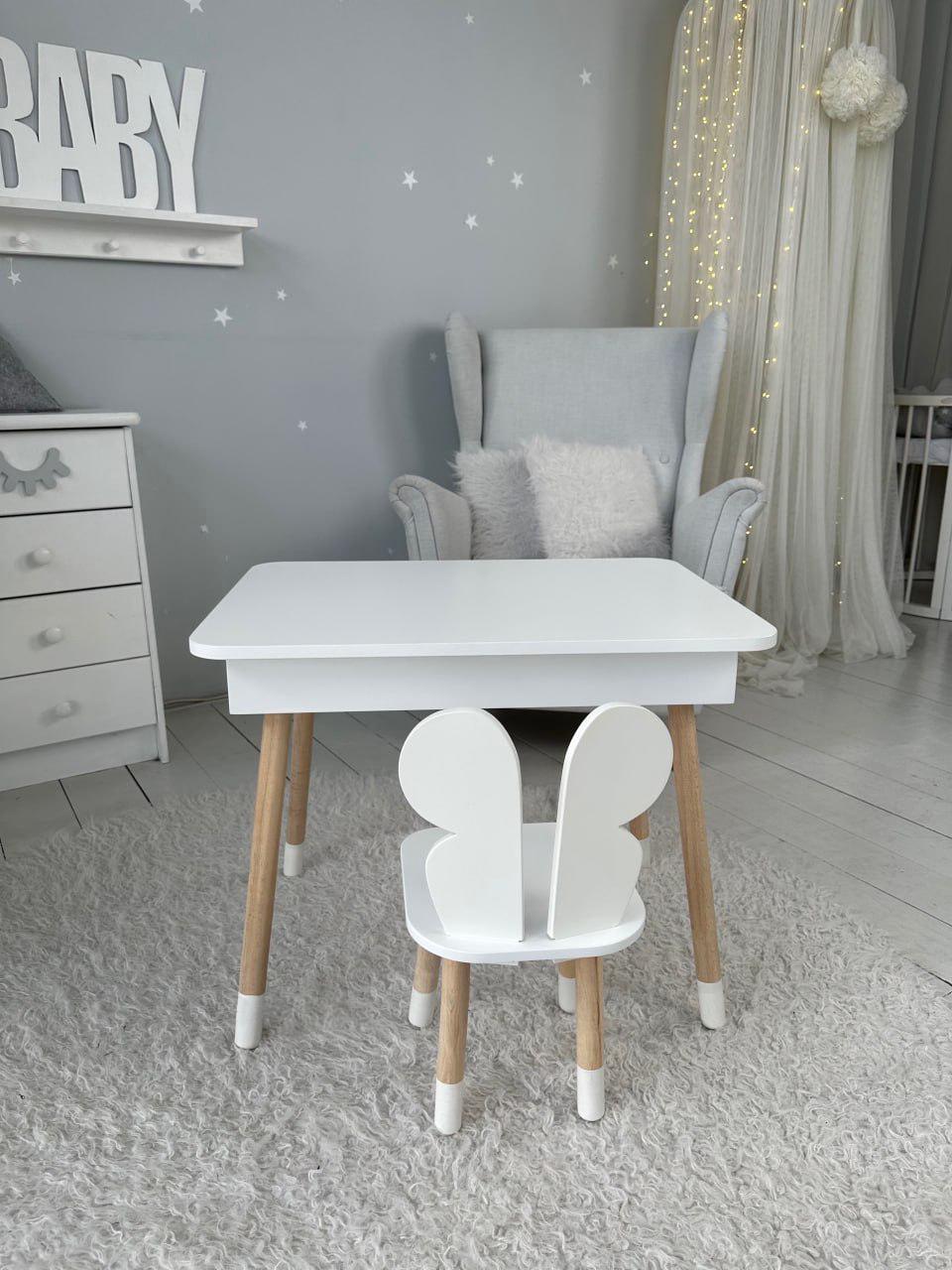 Столик прямоугольный Бабочка с ящиком и стульчиком Белый Столик прямоугольный Бабочка с ящиком и стульчиком Белый