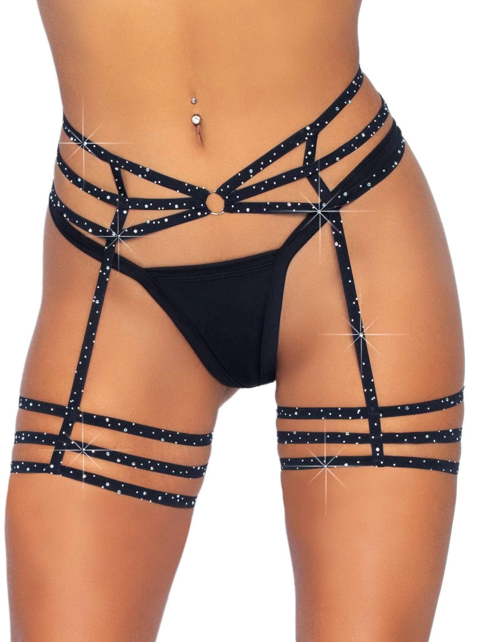 Пояс для чулок Leg Avenue One Size Spice It Up Garter Belt Rhinestone со стразами Черный