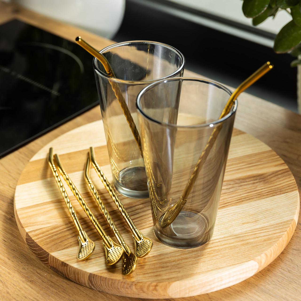 Набор многоразовых ложек-трубочек напитков со щеткой 6 шт. 19,5 см Золотистый (HP-20-56) - фото 2 Набор многоразовых ложек-трубочек напитков со щеткой 6 шт. 19,5 см Золотистый (HP-20-56) - фото 2