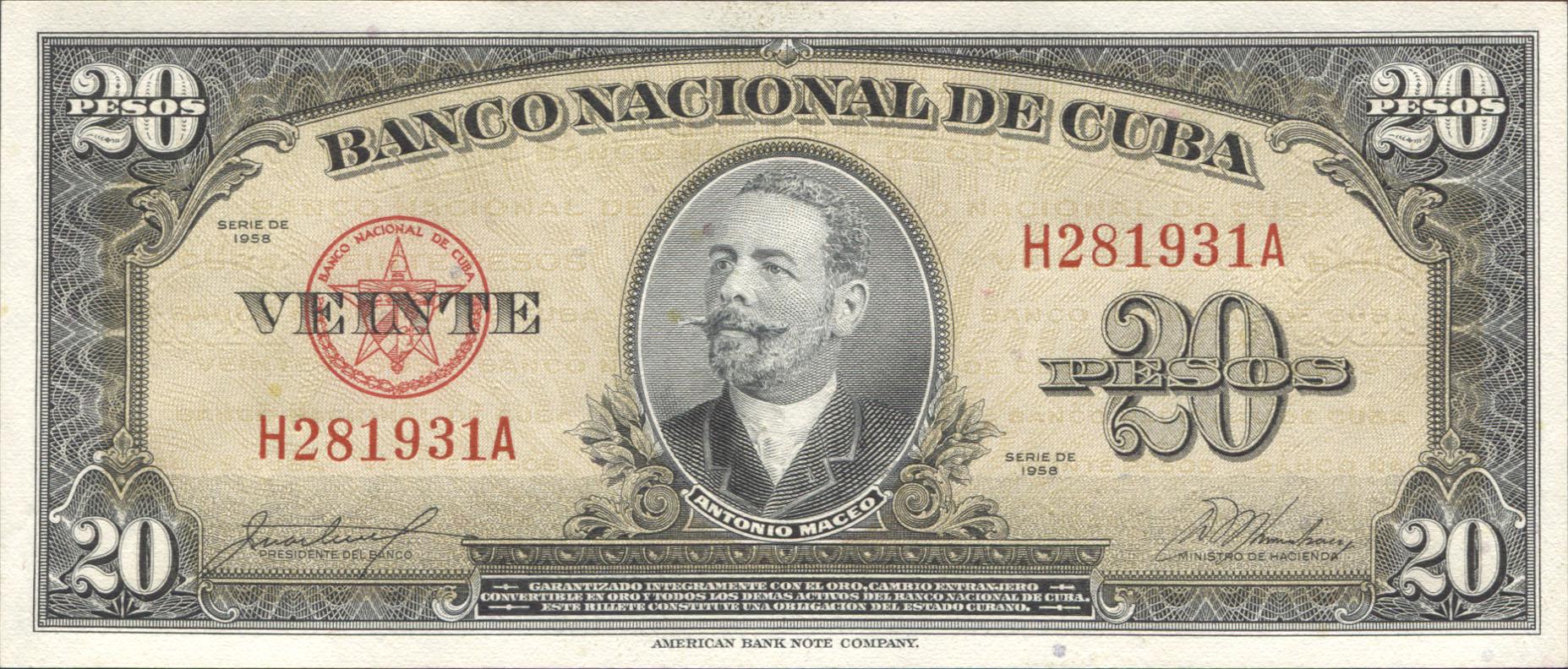 Коллекционная банкнота Куба 1958 20 песо P80b аUNC Коллекционная банкнота Куба 1958 20 песо P80b аUNC