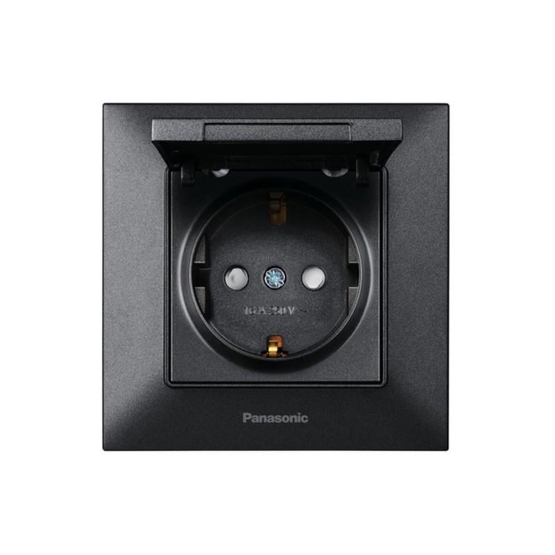 Розетка с заземлением Panasonic Arkedia Slim с защитными шторками и крышкой ABS Черный (WNTC02102B UA1)