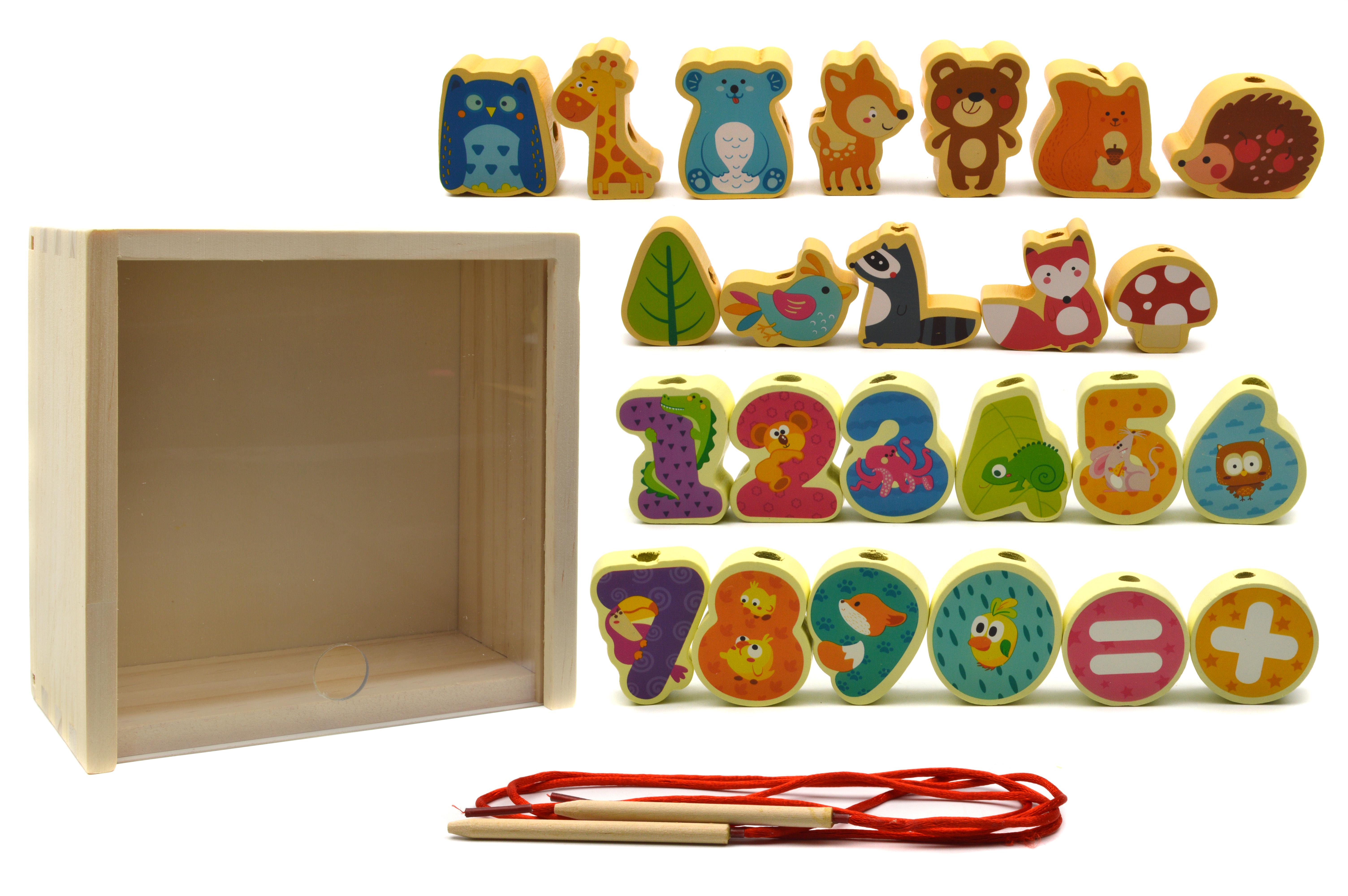 Шнуровка деревянная 75542 Животные и цифры в деревянной коробке