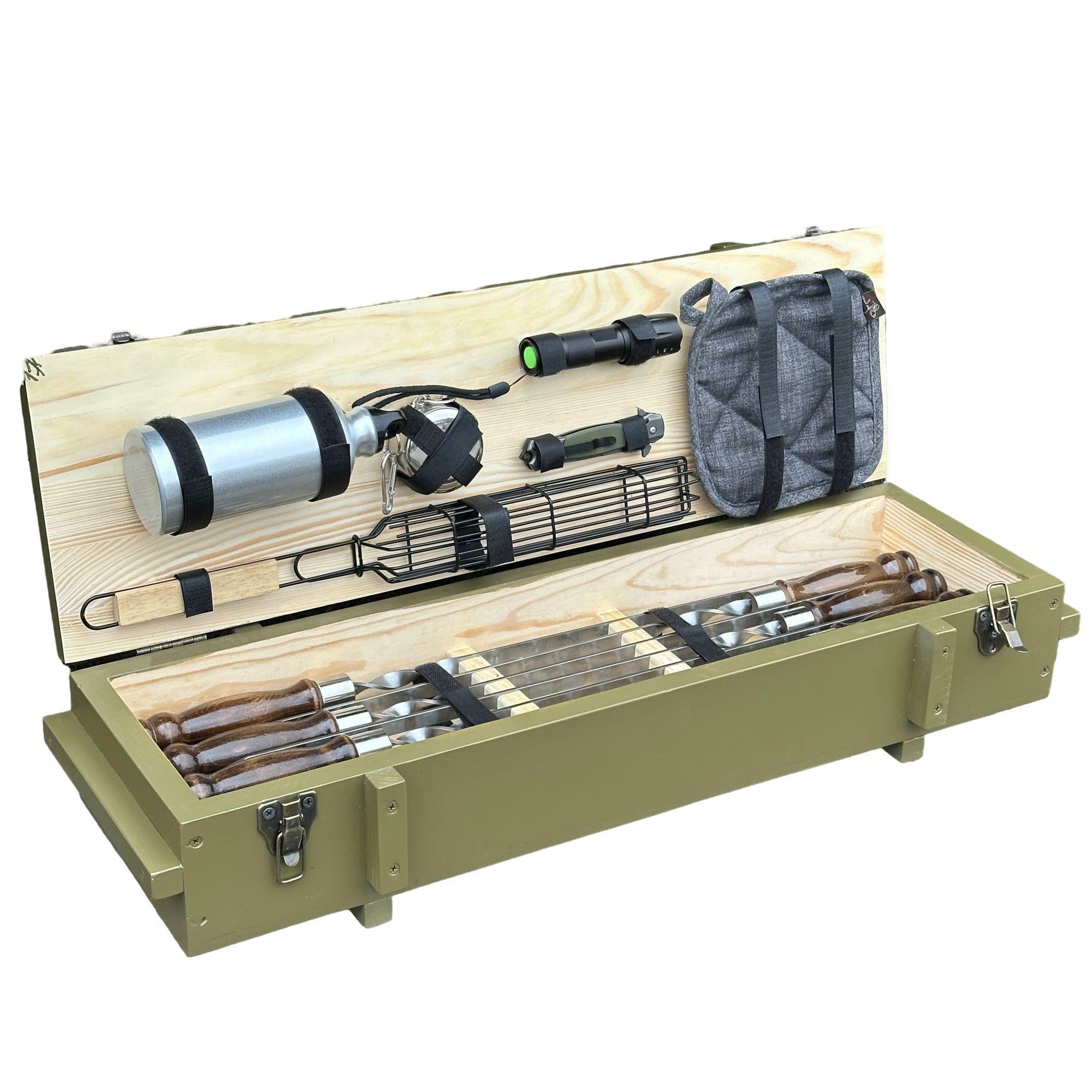 Подарочный набор шампуров Mzavod Штурм милитари в деревянном кейсе 12 предметов Оливковый (147-17-1191910000170)