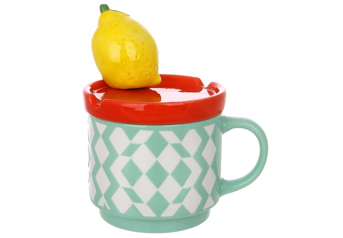 Кружка с крышкой BonaDi фарфоровая Лимон 450 мл (142-004)