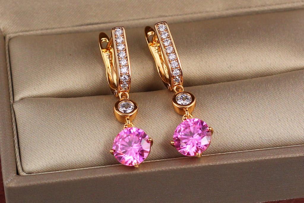Серьги подвески Xuping Jewelry с розовым круглым камнем 3,1 см Золотистый