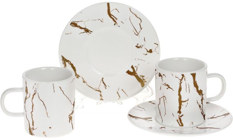 Кофейный набор Мраморная Роскошь 2 чашки 100 мл и 2 блюдца фарфор Белый с золотом