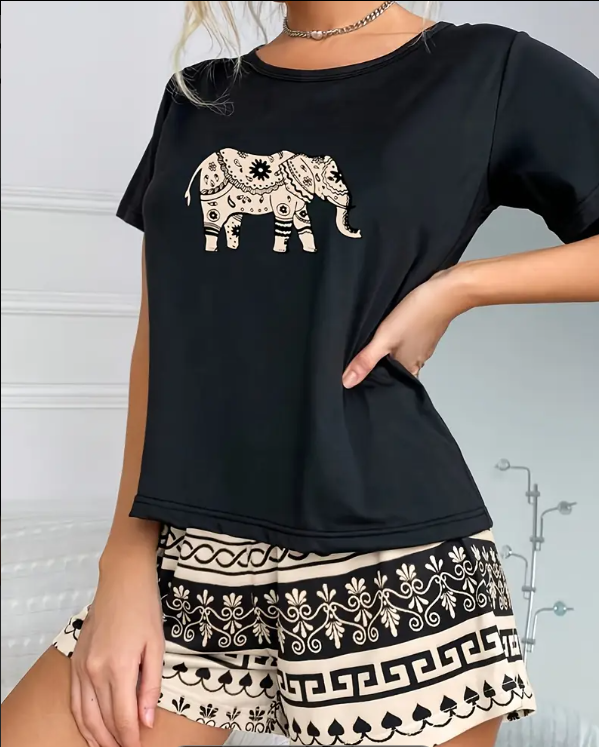 Піжама жіноча для дому та сну з принтом футболка/шорти S Чорний (1309/1) - фото 5 Піжама жіноча для дому та сну з принтом футболка/шорти S Чорний (1309/1) - фото 5