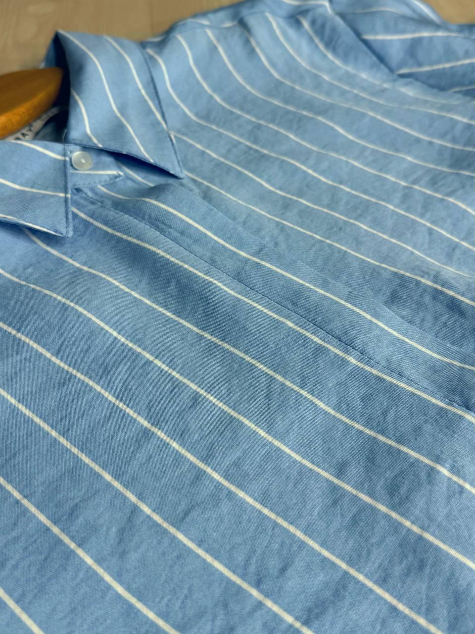 Сорочка жіноча MIX RAY 4447 укорочена з кишенею у тонку смужку M Блакитний (1398) - фото 7 Сорочка жіноча MIX RAY 4447 укорочена з кишенею у тонку смужку M Блакитний (1398) - фото 7