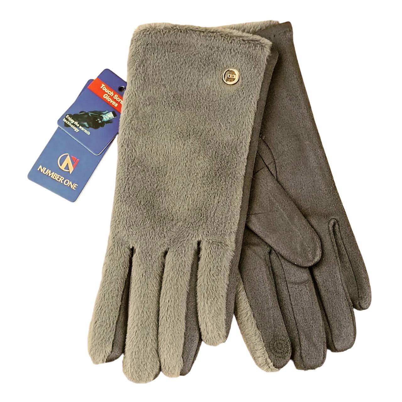 Перчатки женские сенсорные мех/велюр с пуговицей S-M Серый (47172)