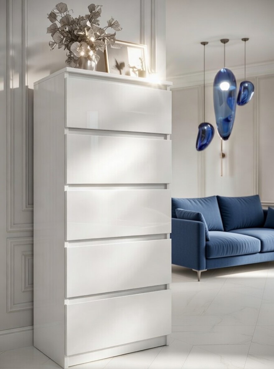 Комод для вещей Мастер Форм Брайт МДФ без ручек с фасадами пластик глянец 5 ящиков 500х376х1170 мм Белый (91008)