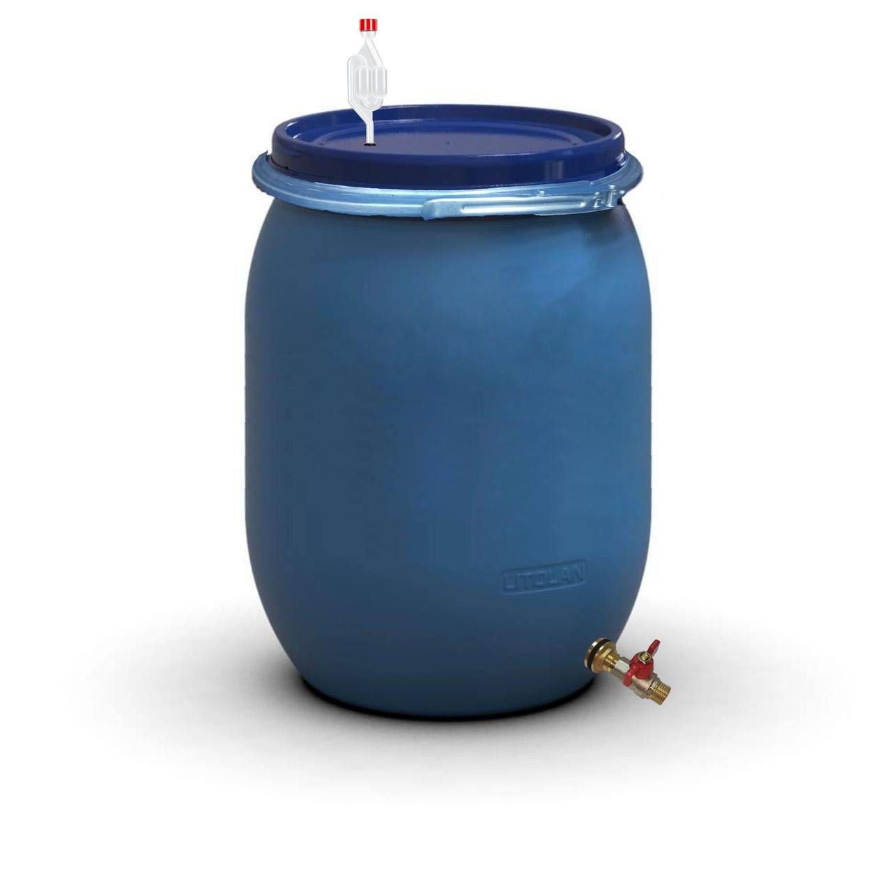 Бочка для брожения Litolan с гидрозатвором S металлическим хомутом и латунным сливным краном 1/2" 130 л (27645М)