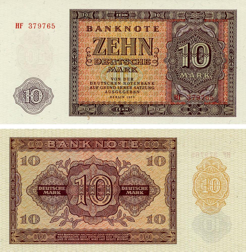 Коллекционная банкнота Германия 10 марок 1955 UNC ГДР (P18)