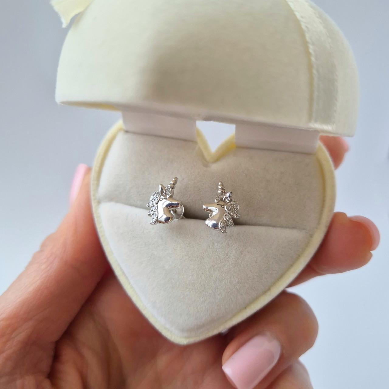 Сережки гвоздики на закрутках єдиноріг з білими каменями срібло 925 проби родоване 2,00 г (5470р) - фото 4