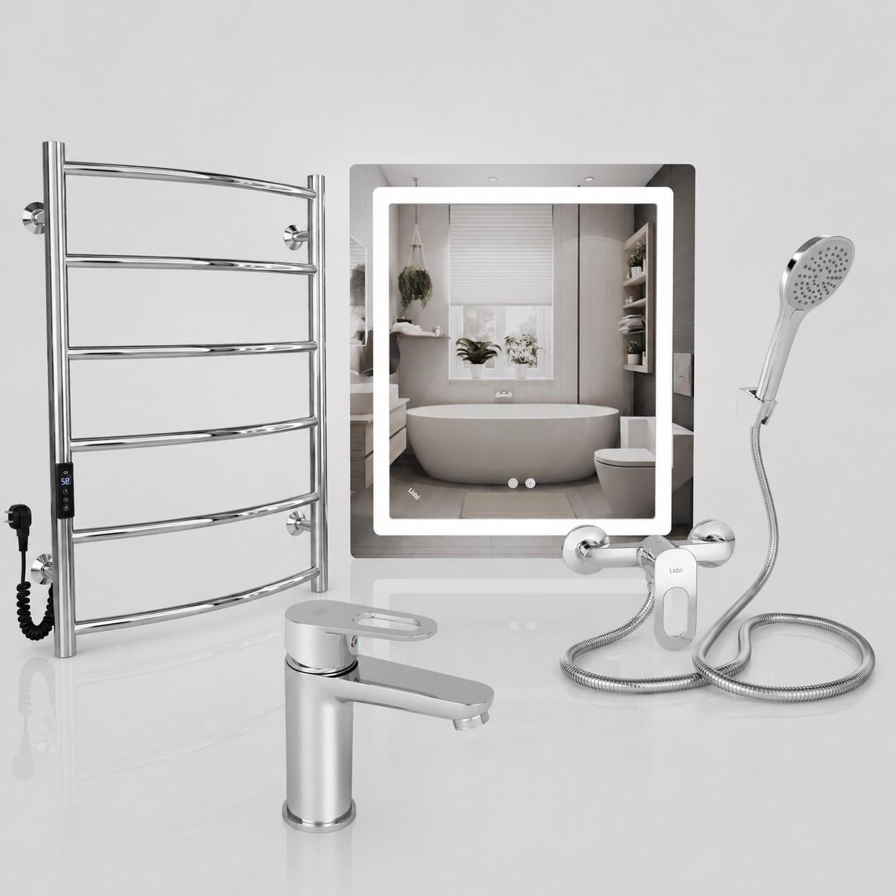 Комплект для ванной комнаты Lidz Latwa Chrome 4в1 смеситель для душа/смеситель для раковины/зеркало LED и электрическая полотенцесушитель